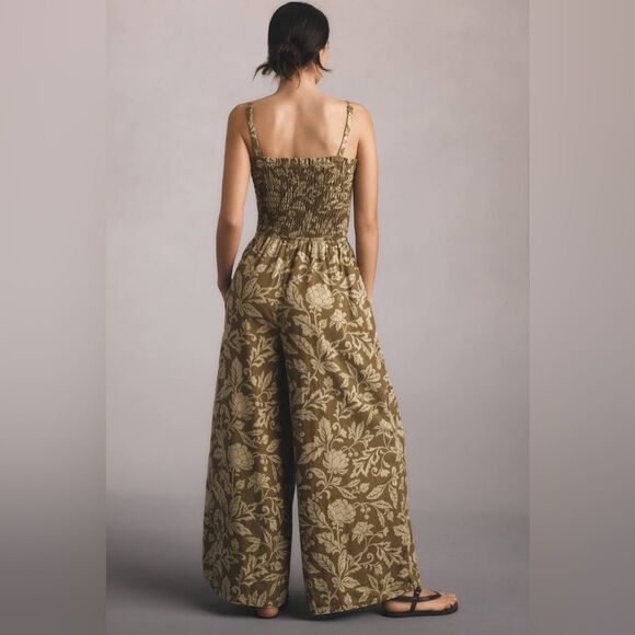 Pilcro Anthropologie Smocked Printed Linen Wide Leg Jumpsuit Medium Moss Floral - Picture 2 of 16